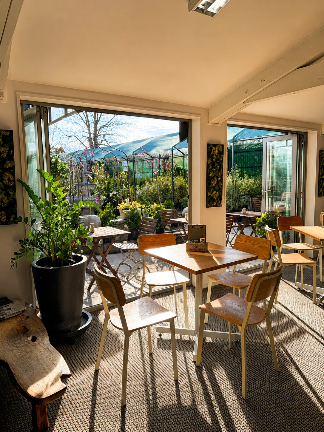 Sunlit seating inside Leeves with garden views